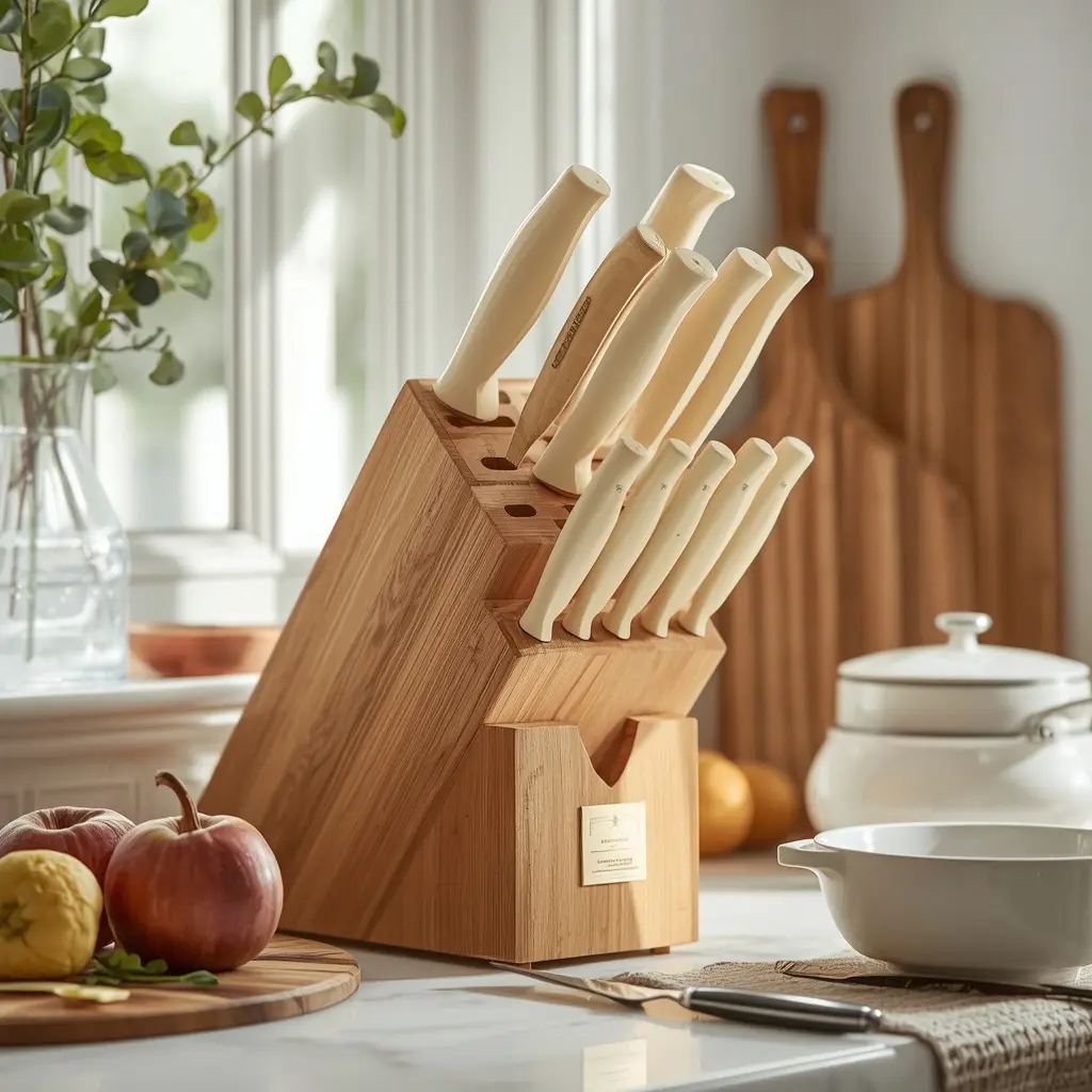 Martha Stewart Eastwalk 14 piece linen white knife block set on a kitchen counter