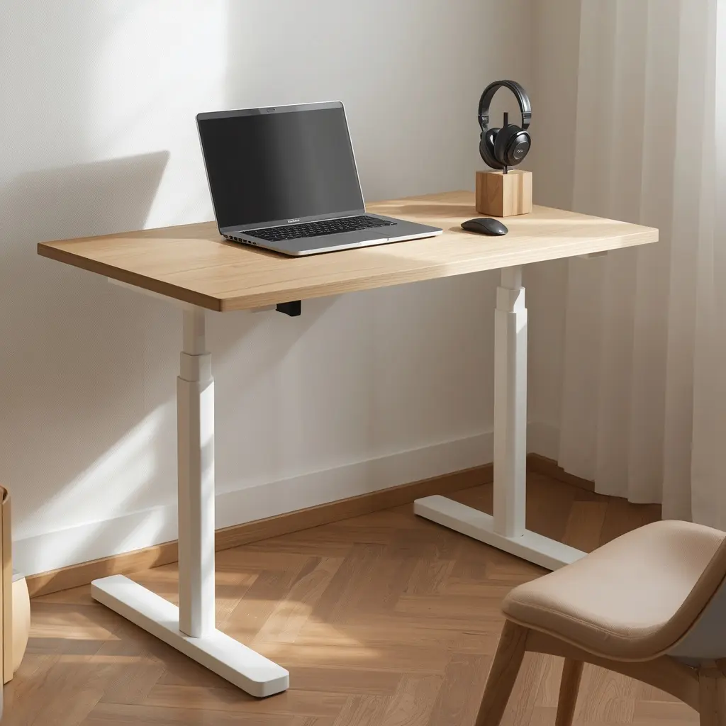 Height adjustable standing desk with natural wood top and white steel frame
