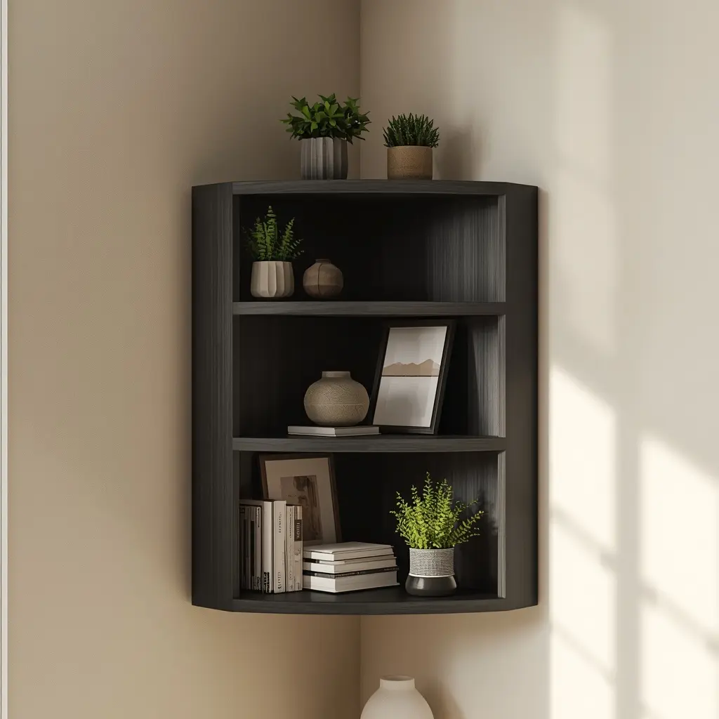 Furinno ROSSI 5-tier zigzag corner floating shelf mounted on a wall in espresso finish